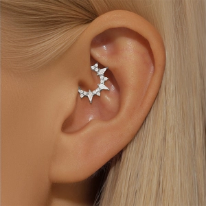 Detailed view of s925 silver daith hoop piercing with marquise opal and cubic zirconia