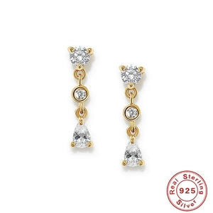 Vertical S925 sterling silver drop earrings with three clear zircons and gold plating