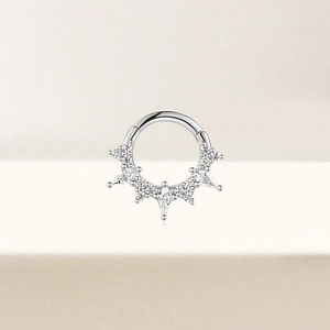 Detail of s925 silver septum clicker featuring marquise opal and sparkling cubic zirconia