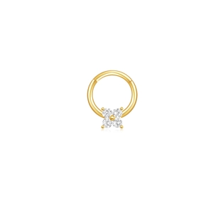 Macro detail of gold-plated silver piercing hoop with marquise opal and cz clover accent