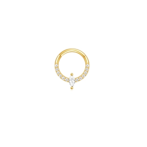 Detailed close-up of a gold s925 silver hoop with marquise-cut opal and small diamonds