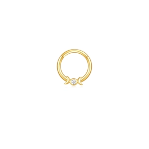 Macro detail of gold-plated silver clicker hoop with moon and zircon embellishments