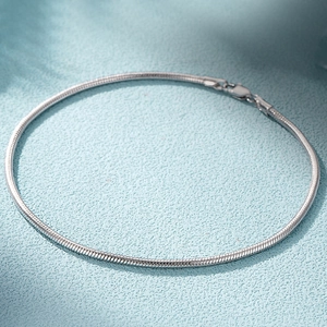 Macro view of minimalist silver snake chain featuring a polished lobster clasp closure