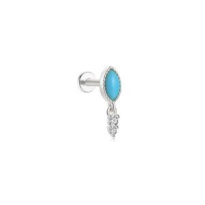 Detail van S925 zilveren labret stud met marquise-turkoois en zirkoon druppels