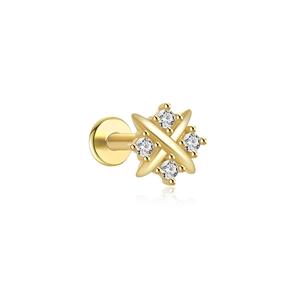 Macro-opname van S925 zilveren labret-piercing met kruisster en witte zirkoonstenen