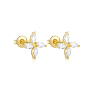 Détail des boucles d'oreilles fleur en argent S925 avec zircons marquise dorés luxe