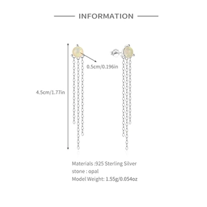 Detailed view of S925 sterling silver opal tassel earrings with length and weight markers