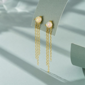 Macro shot of S925 silver fringe earrings with white opal stones and golden chains