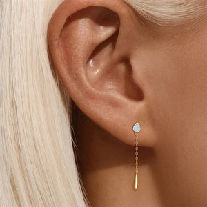 Detail of S925 silver fringe drop earring with blue opal and teardrop pendant on model