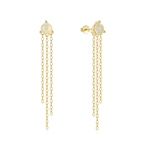 Detail of S925 sterling silver tassel earrings with white opal stone and hanging chains