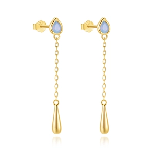 Macro detail of S925 sterling silver stamp on golden water-drop tassel chain earrings