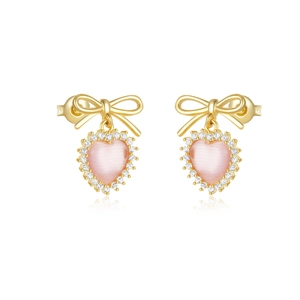 Dettaglio orecchini a lobo con fiocco in argento s925 e cuore rosa con cristalli