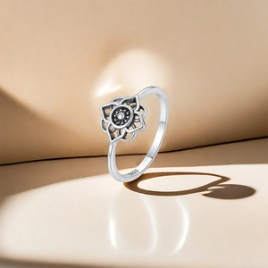 Detailed close-up of S925 sterling silver lotus flower ring showing the hallmark stamp