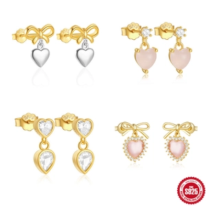 Orecchini a Bottone in Argento Sterling 925 con Fiocco e Cuore da Donna Placcati in Oro Zirconia Pietra Rosa Gioielli
