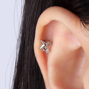 Vue macro de la boucle d'oreille étoile en argent S925 avec un zircon central brillant
