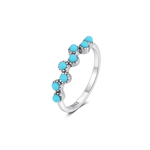 Detail showing S925 hallmark on wavy silver ring with seven turquoise blue gemstones