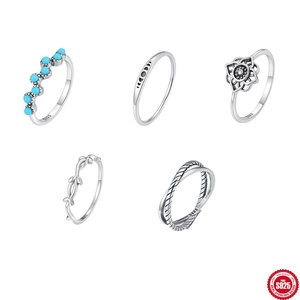925 Sterling Silver Vintage Ring For Women Lotus Flower Turquoise Moon Phase Vine Leaf Braided Stackable Ethnic Jewelry Gift
