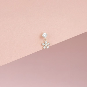 Détail de la boucle d'oreille fleur en argent s925 avec pierre de lune et zircone