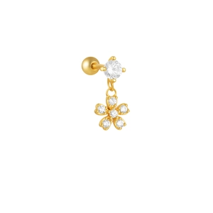 Détail de puce d'oreille en argent S925 doré 18K avec fleur en zircone et fermoir à vis