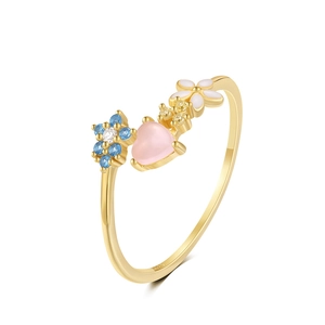 Close-up of S925 silver ring with colorful floral enamel and heart-shaped zircon details