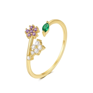 Close-up of S925 sterling silver ring featuring purple flowers and green leaf detail