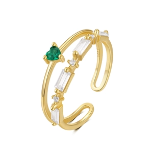 Close-up of S925 sterling silver gold ring featuring a heart-shaped green gemstone