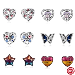 Boucles d'Oreilles Clous en Argent Sterling 925 Vintage pour Femme Avec Motifs Cœur Étoile Papillon Arbre de Vie Empreinte Émail Bijoux