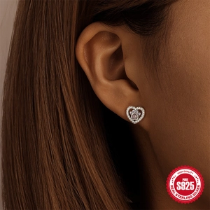 Boucles d'oreilles cœur en argent S925 avec pierre patte de chat et diamants