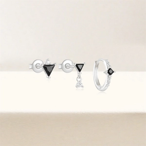 Detail view of S925 sterling silver geometric earring set with black zircon and diamonds