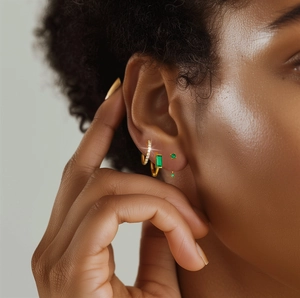 Detailed view of S925 sterling silver gold earrings set with emerald green zircon gems