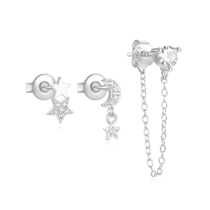 Detail of S925 sterling silver star and moon earrings set with zircon stones