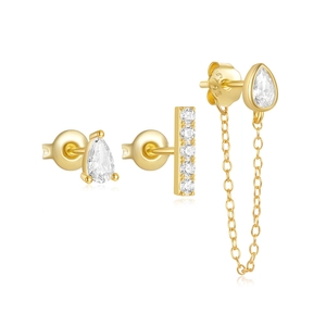 Detailed view of S925 sterling silver gold earrings set with sparkling zircon stones