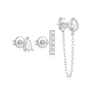 Detailed macro view of S925 sterling silver four-petal flower earrings with chains