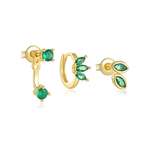 Detail of gold-plated silver earrings set featuring emerald green marquise gemstones