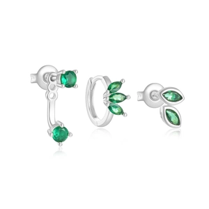 Macro shot of S925 silver earring set with emerald green zircon floral details