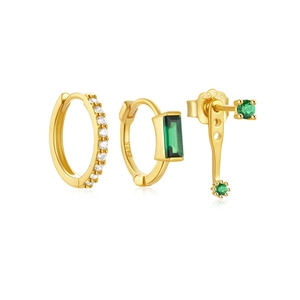 Detailed view of S925 sterling silver earring set with green gems and white zircons