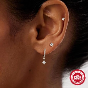 S925 sterling silver four-leaf clover earring set with sparkling rhinestones