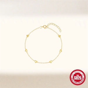 Minimalist gold S925 sterling silver heart charm bracelet with adjustable chain