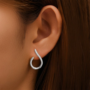 Macro shot of S925 sterling silver geometric ear hooks with shiny pavé-set diamonds