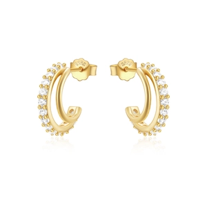 Detailed close-up of S925 sterling silver gold-plated C-shaped earrings with zircons