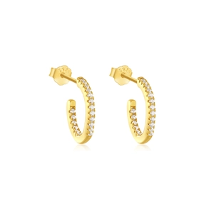 Detailed close-up of S925 sterling silver stamp and sparkling white zircons on C-shaped earrings