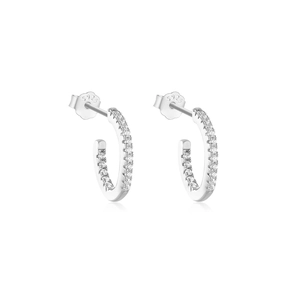 Close-up of S925 sterling silver C-shaped earrings with inlaid cubic zirconia crystals
