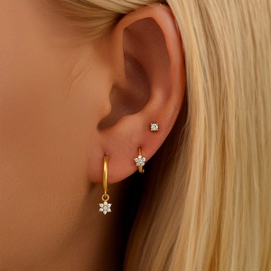 Close-up of three-piece gold S925 silver flower and zircon earrings set on a model