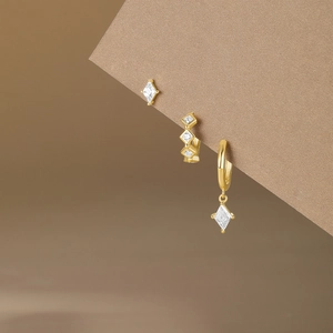 Detailed view of 3-piece gold-plated S925 silver earring set with clear zircon stones