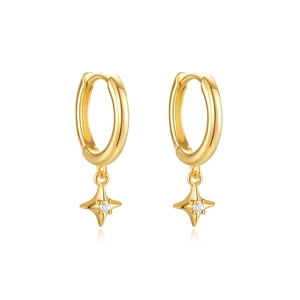 Detail of gold-plated hoop earrings with star pendant and sparkling center zircon