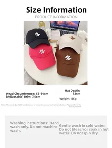 Size chart and washing guide for the MW embroidered cotton baseball cap with measurements