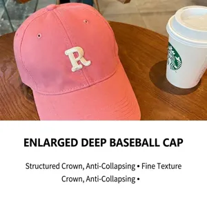 Detalle de gorra de béisbol rosa de algodón con bordado R blanco en 3D sobre madera
