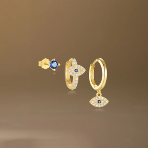 S925 sterling silver evil eye earring set with blue stones and diamonds in gold finish