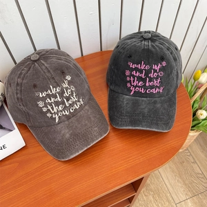 Vintage washed cotton baseball cap with embroidered letters in charcoal and coffee tones