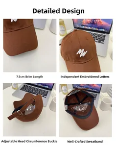 Detail view of brown cotton baseball cap showing MW embroidery and adjustable metal buckle